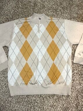 Men's Argyle Half-Zip Sweater Pullover - Beige & Mustard